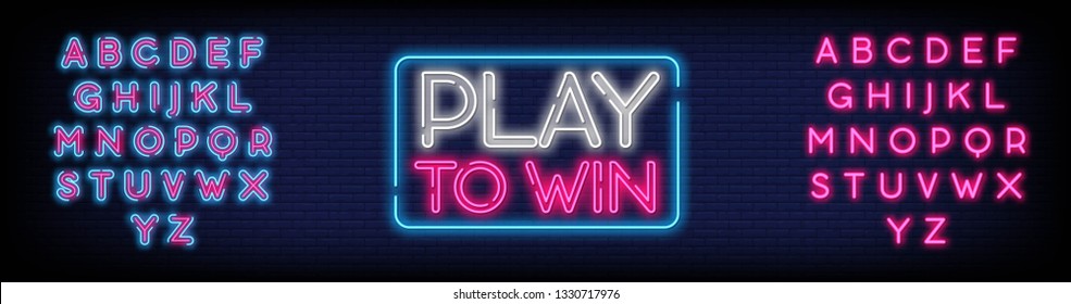 Play to win neon sign with a Brick Wall Background. Gambling slogan  Casino  Betting design element  Night neon signboard. Vector illustration. Editing text neon sign