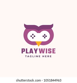 Play Wise Abstract Vector Sign, Symbol or Logo Template. Flat Style Gamepad Icon Incorporated in an Owl Face. Modern Typography. Good for Game Developers or a Cyber Sport Team. Isolated.