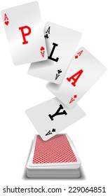 Play word aces poker hand fly up from red back playing cards deck