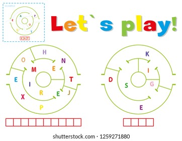 Play and write the words experiment and desk. Find a way out of the maze and make words out of letters