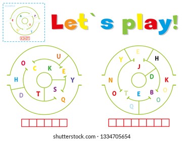 Play and write the words hockey and notebook. Find a way out of the maze and make words out of letters
