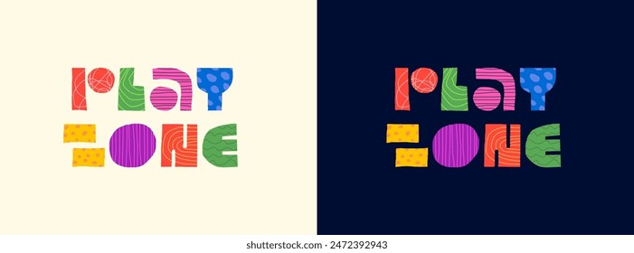 Play zone abstract decorative concept logo. Modern colorful graphic naive shapes letters for gamer kids playroom advertising. Children fun and game activity place trendy creative sign. Cartoon style