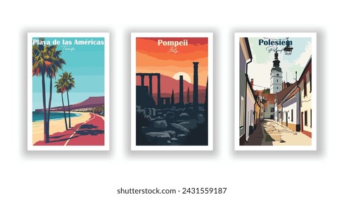 Playa de las Américas, Tenerife. Polesiem, Poland. Pompeii, Italy - Set of 3 Vintage Travel Posters. Vector illustration. High Quality Prints