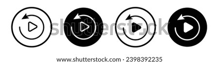 Playback icon set. replay button vector symbol. restart video sign. reset button icon in black filled and outlined style.