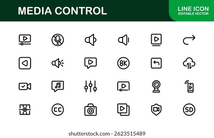 Iconos de reproducción y control de medios. Video Símbolos escalables y elegantes para interfaces de usuario de audio, audio, streaming y entretenimiento digital
