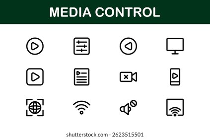 Ícones de controle de mídia e reprodução. Símbolos elegantes e escaláveis para áudio, vídeo, transmissão contínua e interfaces de usuário de entretenimento digital