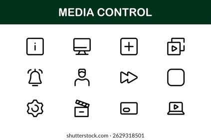 Ícones de controle de mídia e reprodução. Símbolos elegantes e escaláveis para áudio, vídeo, transmissão contínua e interfaces de usuário de entretenimento digital