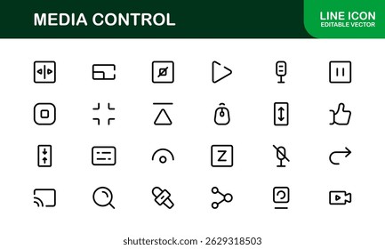 Iconos de reproducción y control de medios. Video Símbolos escalables y elegantes para interfaces de usuario de audio, audio, streaming y entretenimiento digital