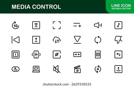 Symbole für Wiedergabe und Mediensteuerung. Stilvolle, skalierbare Symbole für Audio-, Video-, Streaming- und digitale Unterhaltungs-Benutzeroberflächen