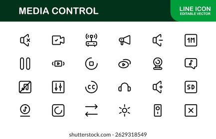 Iconos de reproducción y control de medios. Video Símbolos escalables y elegantes para interfaces de usuario de audio, audio, streaming y entretenimiento digital