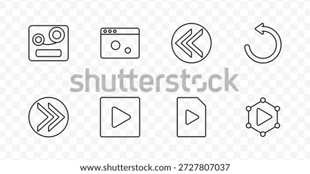 Playback media set icon. Tape reel, browser, rewind, refresh, forward, play square, file play, network play drawn in outlined style with transparent background