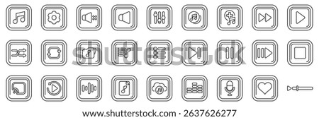  Playback music icons set. Set of music app interface icons representing diverse functions for controlling audio playback, including play, pause, volume, shuffle, and more