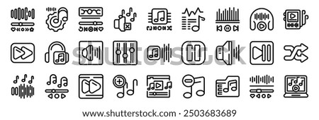 Playback music icons set. Line icons representing actions, tools and symbols used in a music production software