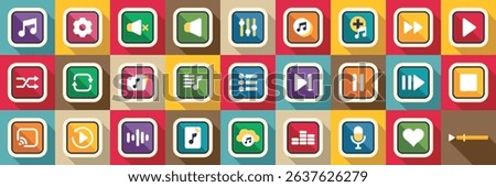  Playback music icons set. Modern music player app interface with colorful square buttons for controlling playback, volume, settings, and other features