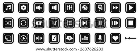  Playback music icons set. Set of music player interface icons featuring settings, volume control, playlist management, shuffle, repeat, play, pause, stop, recording, and streaming options