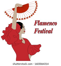 Playbill for flamenco festival. Dancer with fan  in traditional Spanish costume.