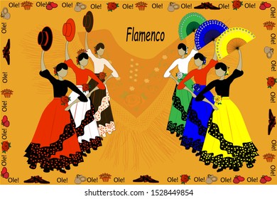 Playbill for flamenco festival. Dancers in traditional spanish costumes.