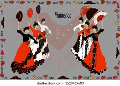 Playbill for flamenco festival. Dancers in traditional spanish costumes.