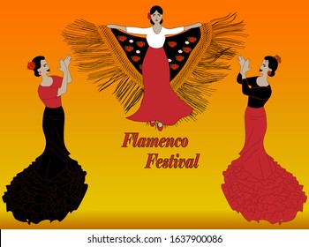 Playbill for flamenco festival or International Dance Day. Three dancers in traditional costumes. One is dancing with a shawl and other two are clapping hands.