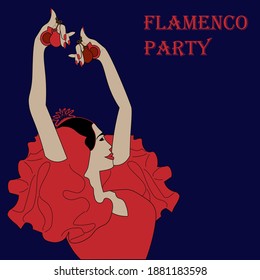 Playbill or invitation card for flamenco party with space for your text. Dancer with castanets  in traditional Spanish costume.