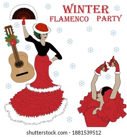 Playbill or invitation card for winter flamenco party with space for your text. Dancers with castanets  and fan in traditional Spanish costumes. Guitar with winter decoration. Snowflakes.
