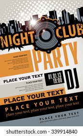 Playbill for the musical party in night club with speaker over modern city background