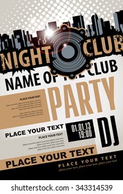 Playbill for the musical party in night club with speaker over modern city background