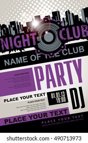 Playbill for the musical party in night club with speaker over modern city background