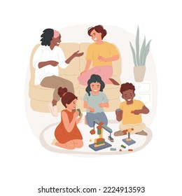 Playdate at home isolated cartoon vector illustration. Playdate with peers, children play, parents having conversation, families home meeting, socialization for homeschoolers vector cartoon.