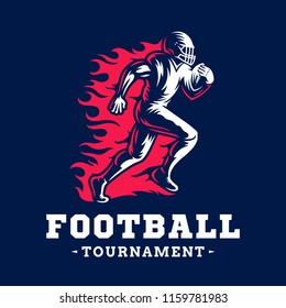 Ein Spieler im American Football läuft auf Feuer - Emblem-Design, Illustration auf dunklem Hintergrund