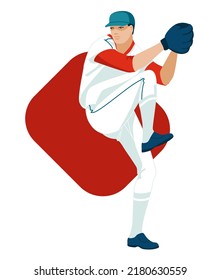 A player of a baseball team pitch a ball. The nature of the sports game. Isolated on white background. Vector flat illustration