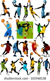 player in basketball at the background of basketball rings (vector);