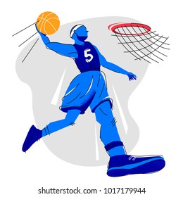 A player in a basketball gets the ball in the ring. Winning the game. Vector sketch