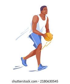 A player of the basketball team run with the ball. The nature of the sports game. Isolated on white background. Vector flat illustration