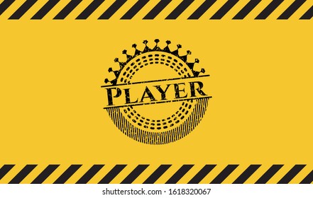 Player black grunge emblem inside yellow warning sign. Vector Illustration. Detailed.