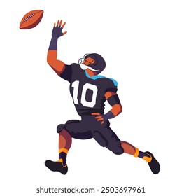 A player in a black uniform stretches to catch a football, displaying determination and athleticism on the field.
