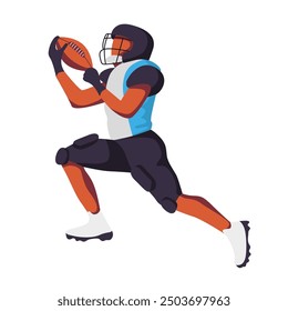 A player in a blue and black uniform advances while holding a football, showcasing athleticism on the field.