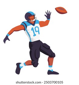 Spieler in blau-weißer Uniform, der Fußball während eines Spiels im Freien wirft. Vektorgrafik