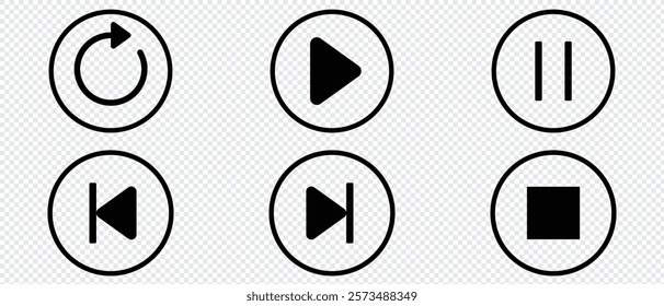 Player button icon set. Elements for play streaming. Button icons. symbols for playback. Start audio or video action media symbol.Isolate on transporent background.