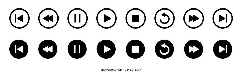Player button icon. Vector play, rewind, pause, stop buttons.