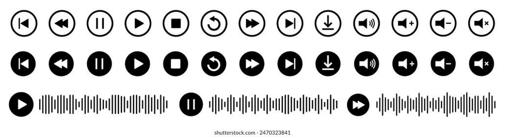 Player button icon. Vector play, rewind, pause, stop buttons. Audio wave icon. Equalizer template. Sound waves for voice message.