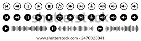 Player button icon. Vector play, rewind, pause, stop buttons. Audio wave icon. Equalizer template. Sound waves for voice message.