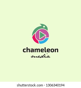 player button multimedia and colorful chameleon logo icon vector template