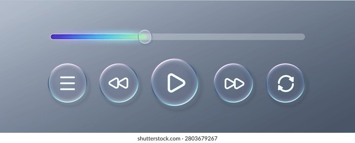 Player button play and music glass 3d with video liquid effect. Ui bar frosted and player box app with pause web button. Icon player element and text music ux with media glass round.
