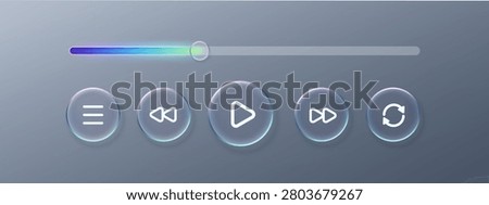 Player button play and music glass 3d with video liquid effect. Ui bar frosted and player box app with pause web button. Icon player element and text music ux with media glass round.