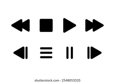 Botones de jugador. Iconos de control de música. Reproducir detener pausa siguiente Botones negros anteriores. Controles aislados sobre fondo blanco.