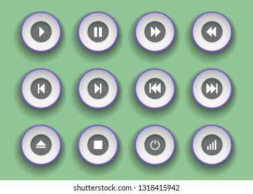 player buttons set in paper cut style. Symbols for play, stop, pause and moving clip forward and back.
