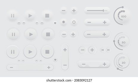 Botones del jugador y juego de deslizador de control de volumen. Interfaz de usuario (UI) en estilo neumórfico. Elementos elegantes aislados en BG blanco. Diseño mínimo para móviles, aplicaciones, sitio web. Ilustración de vectores editable. 