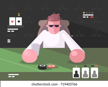 Player In Cards With Poker Face. Table Of Gambling Card Games. Vector Illustration