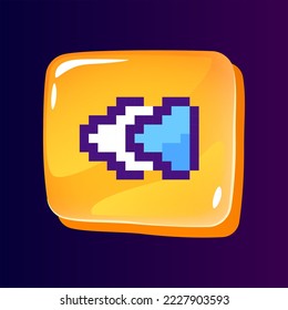 Player control glossy ui button with pixelated color icon. Fast backwards. Technology. Editable 8bit graphic element on shiny glass rectangle shape. Isolated image for arcade, video game design